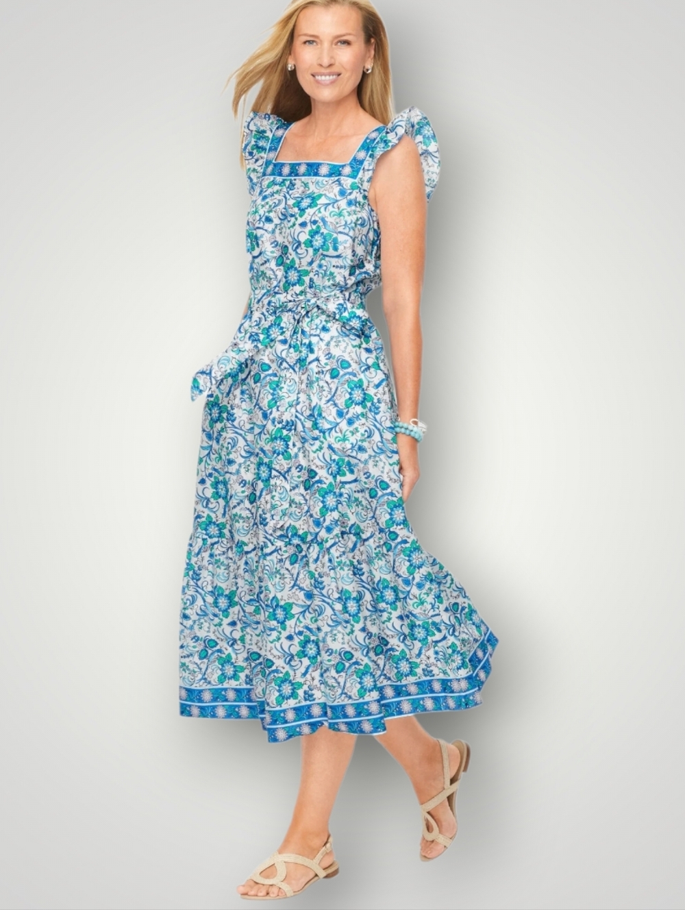 Talbots Plus 20W Blue Floral‎ Songbird Voile Square Neck Midi Dress 100% Cotton